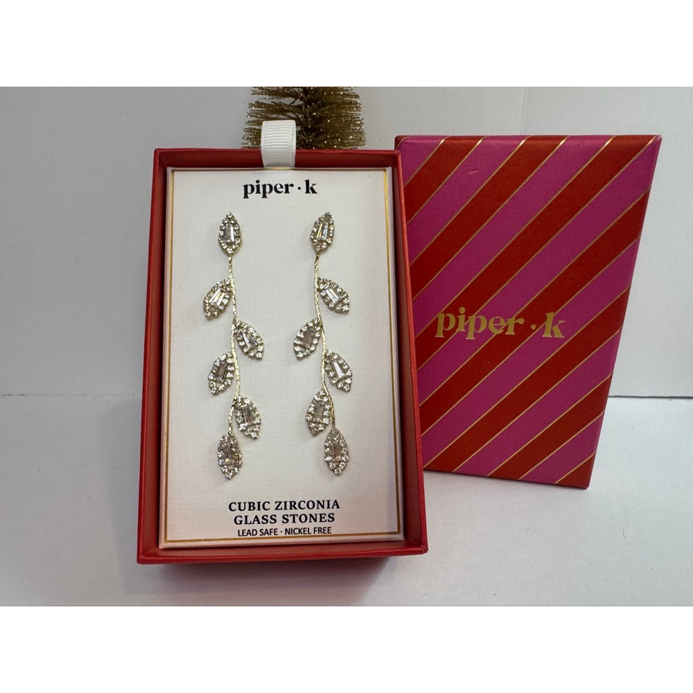 Piper K Gold Tone Cubic Zirconia Leaf Vine Drop Earrings
